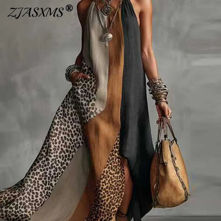 Marcella | Leopard Patchwork Deep V Halter Neck Dress