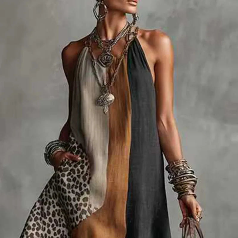 Marcella | Leopard Patchwork Deep V Halter Neck Dress