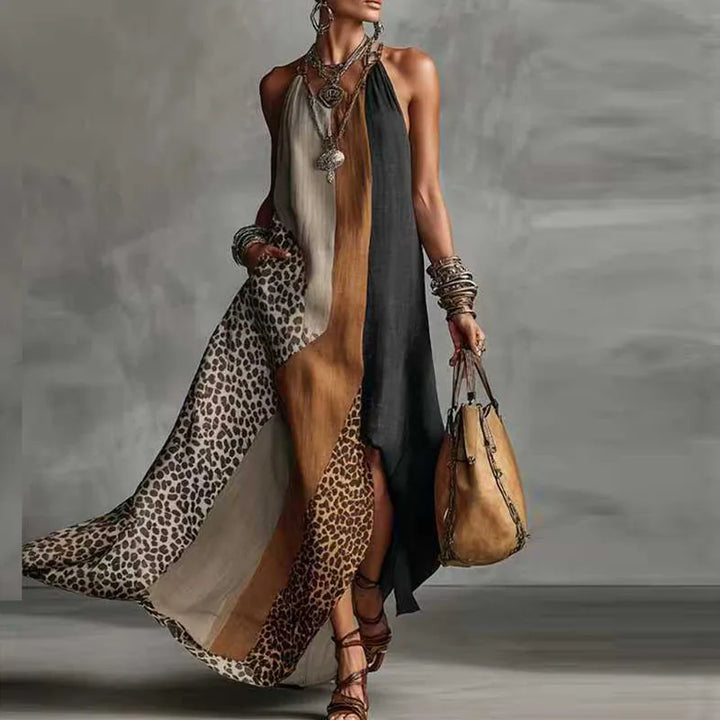 Marcella | Leopard Patchwork Deep V Halter Neck Dress