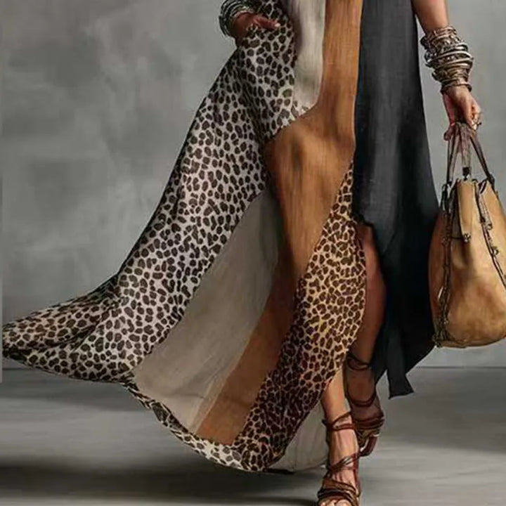 Marcella | Leopard Patchwork Deep V Halter Neck Dress