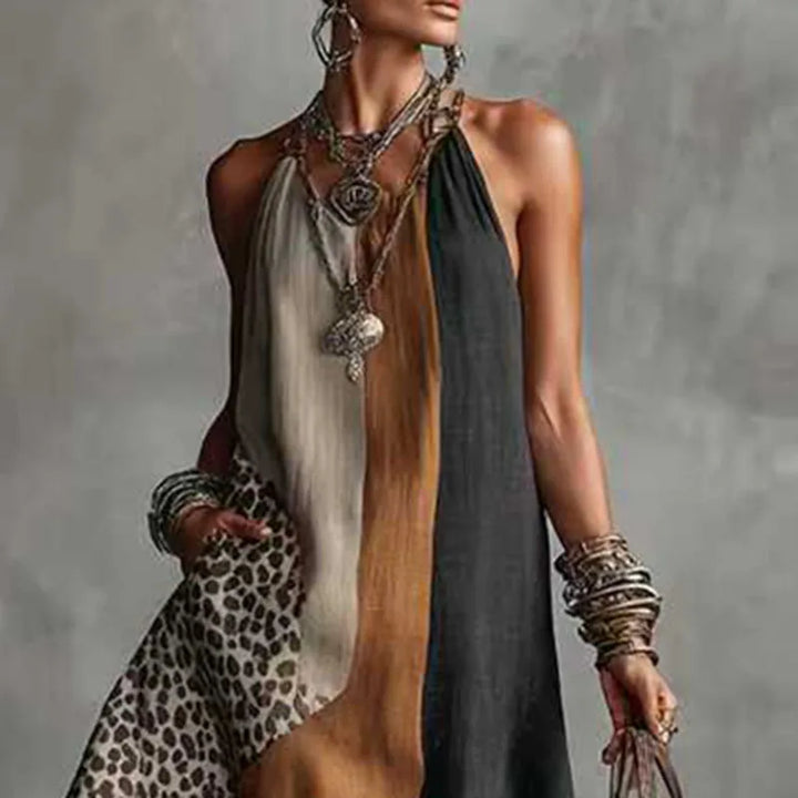 Marcella | Leopard Patchwork Deep V Halter Neck Dress