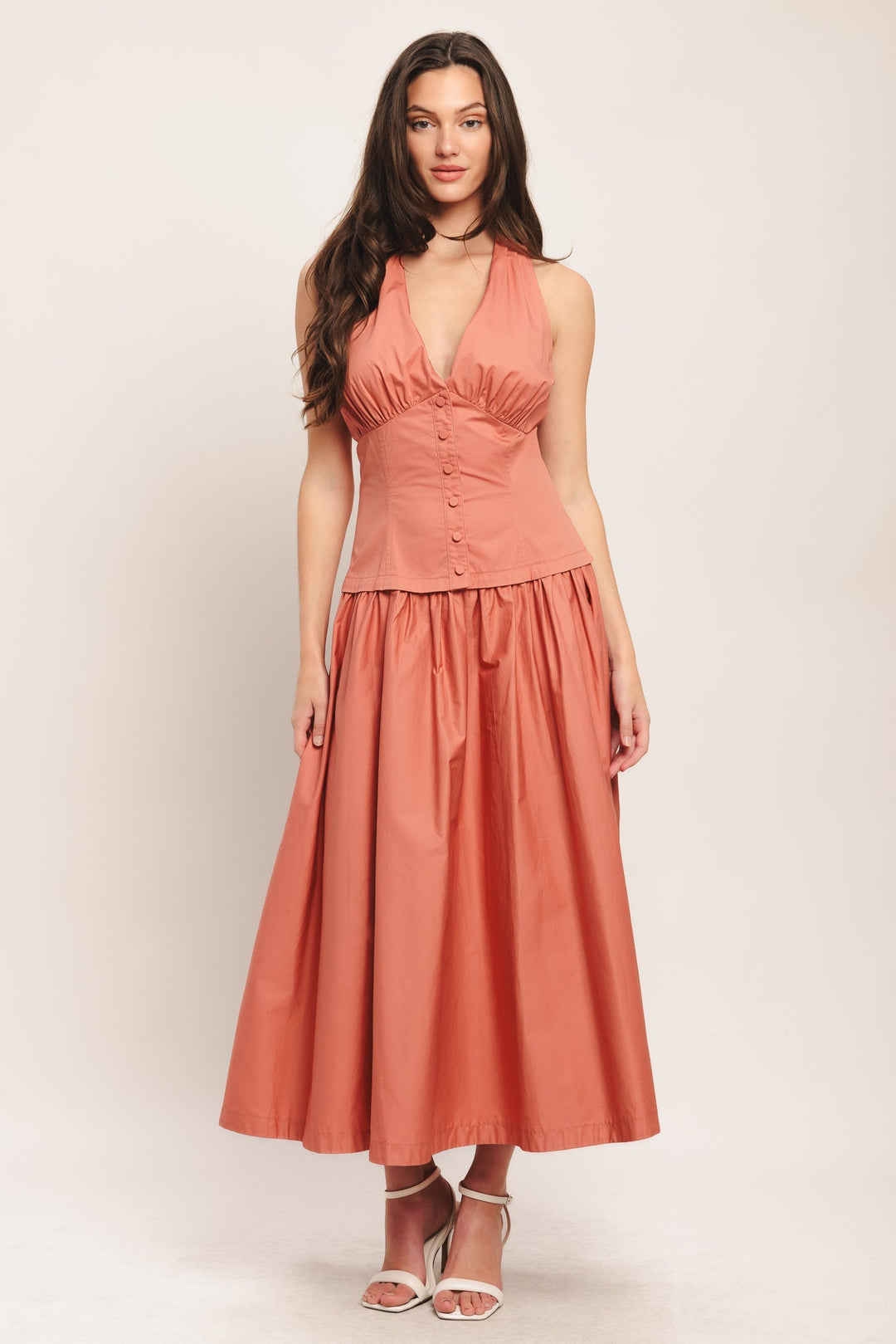 Rosette | Ruched Bust Drop Waist Halter Neck Dress
