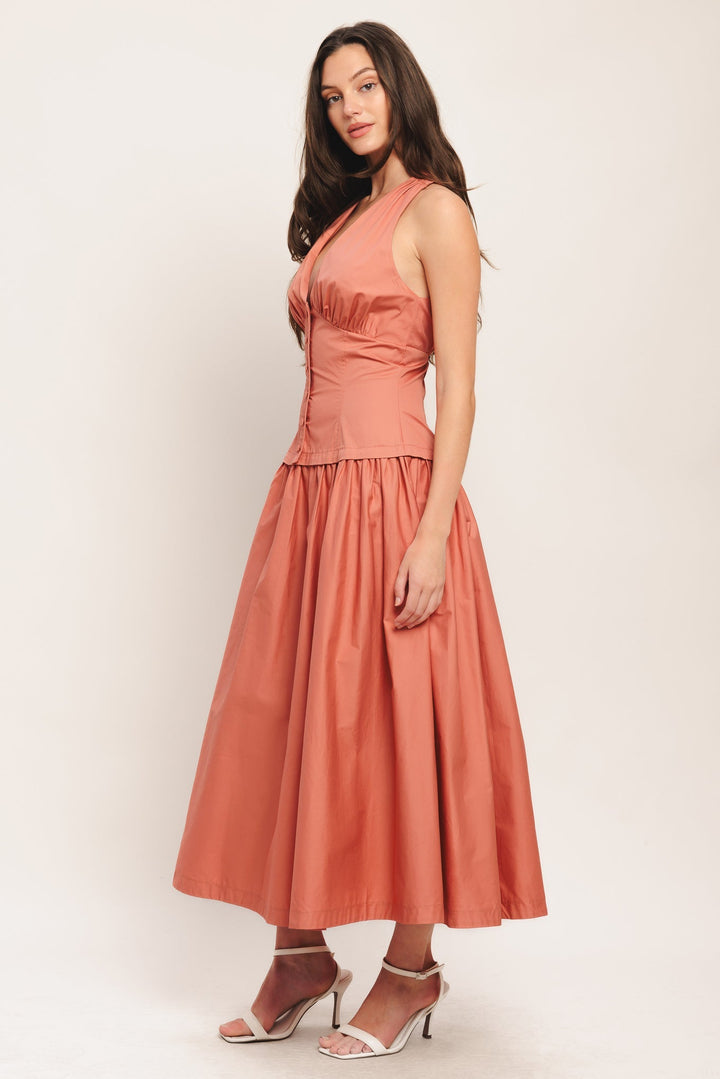 Rosette | Ruched Bust Drop Waist Halter Neck Dress