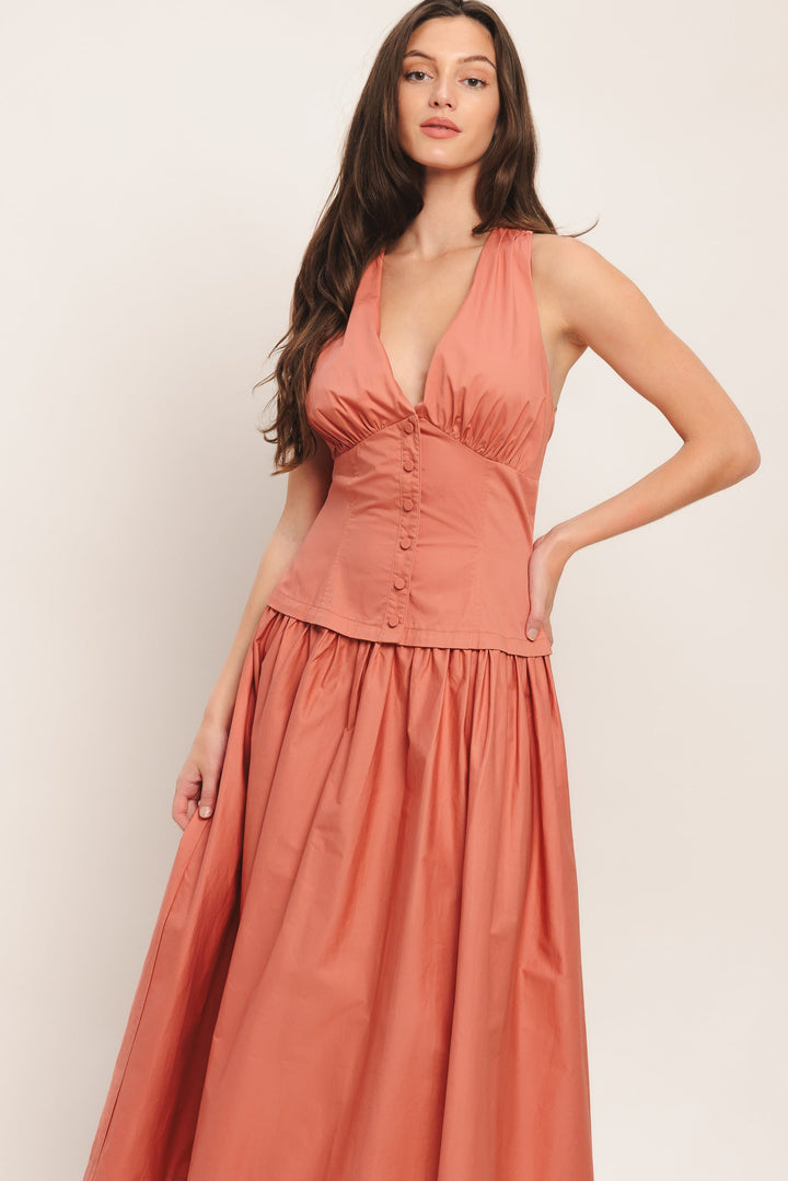 Rosette | Ruched Bust Drop Waist Halter Neck Dress