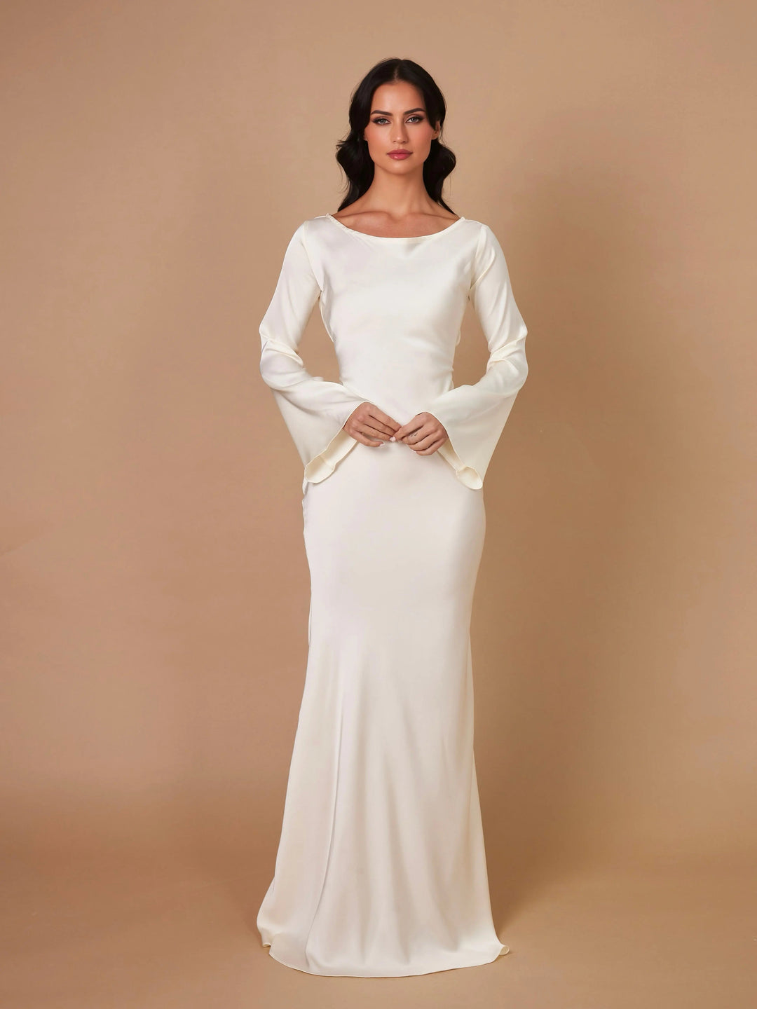 Anouk | Women's Long Sleeve Satin Maxi Dress with Draped Cowl Neck Detail