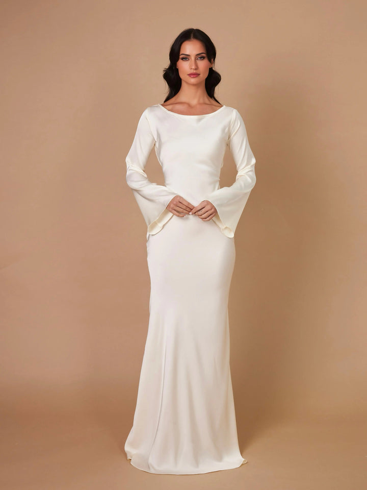Anouk | Women's Long Sleeve Satin Maxi Dress with Draped Cowl Neck Detail