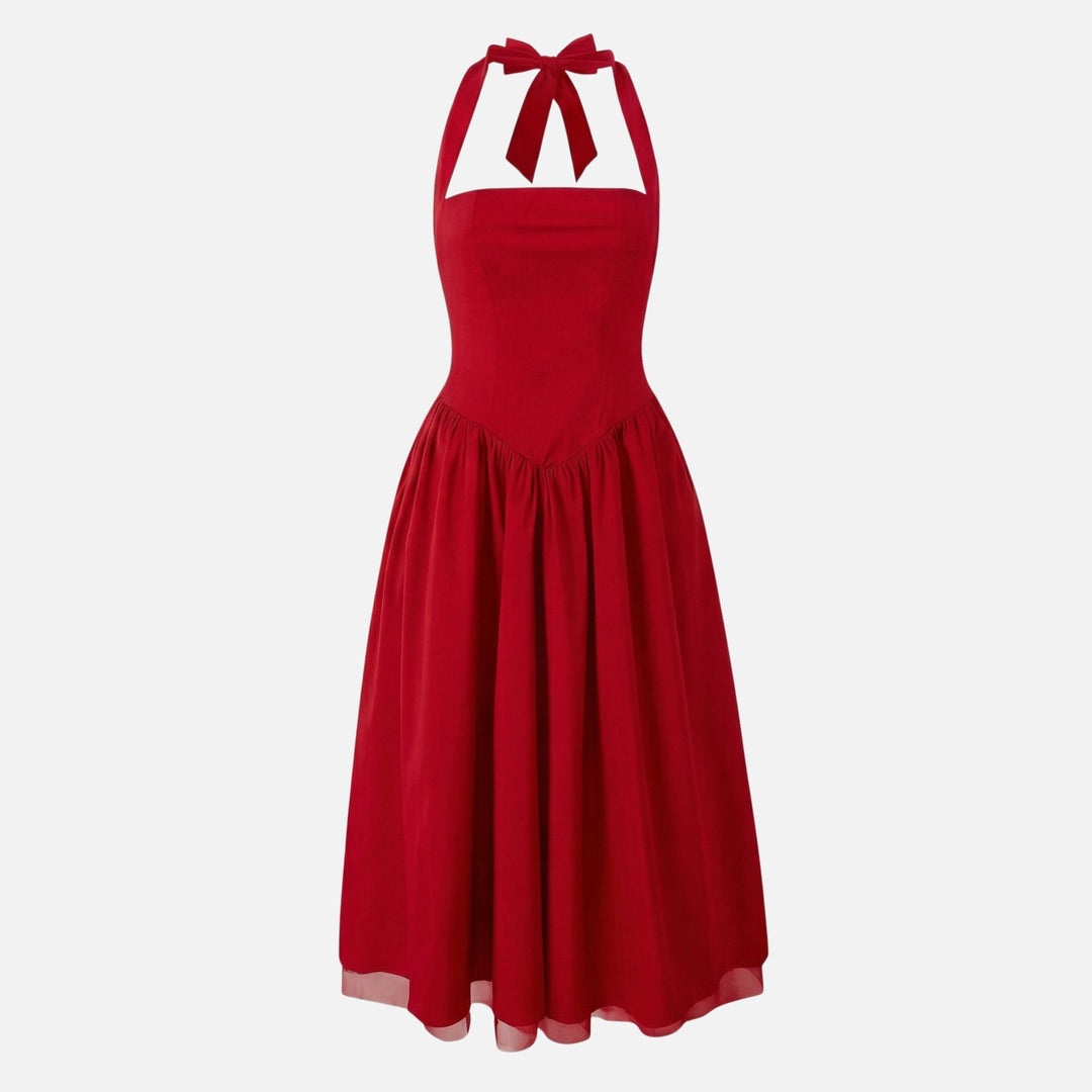 Cosette | Bow Tie Sweetheart Midi Halter Neck Dress