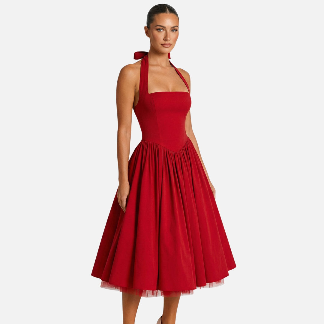 Cosette | Bow Tie Sweetheart Midi Halter Neck Dress