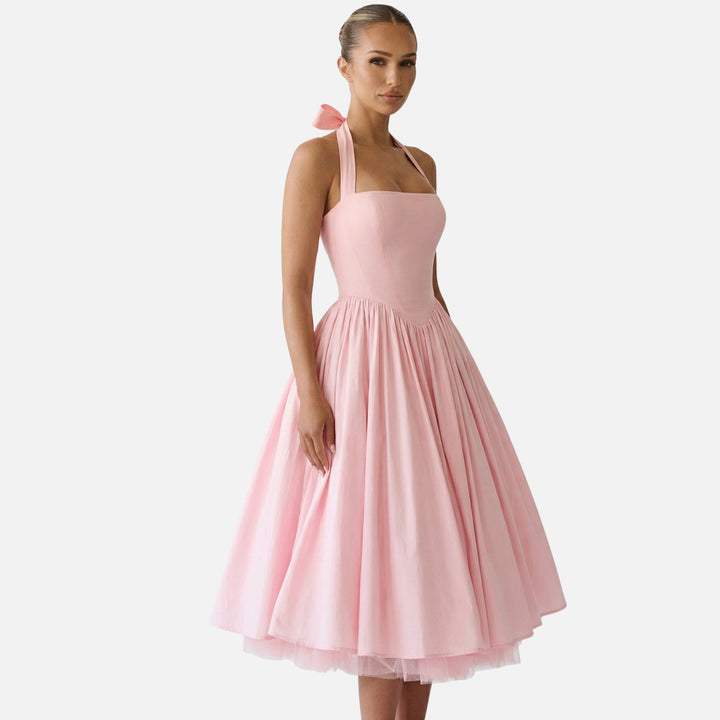 Cosette | Bow Tie Sweetheart Midi Halter Neck Dress