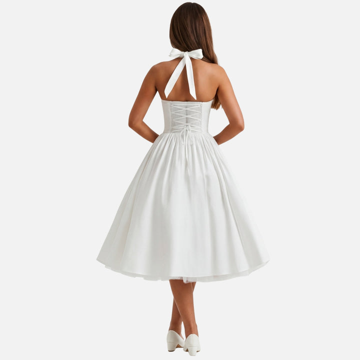 Cosette | Bow Tie Sweetheart Midi Halter Neck Dress