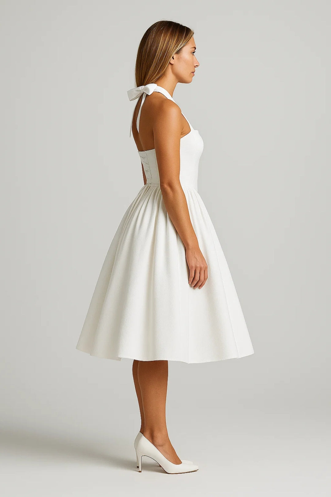 Cosette | Bow Tie Sweetheart Midi Halter Neck Dress