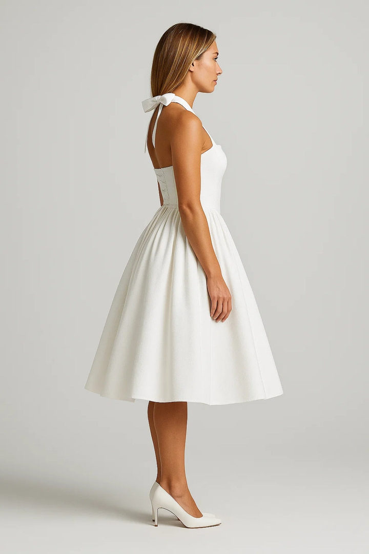 Cosette | Bow Tie Sweetheart Midi Halter Neck Dress