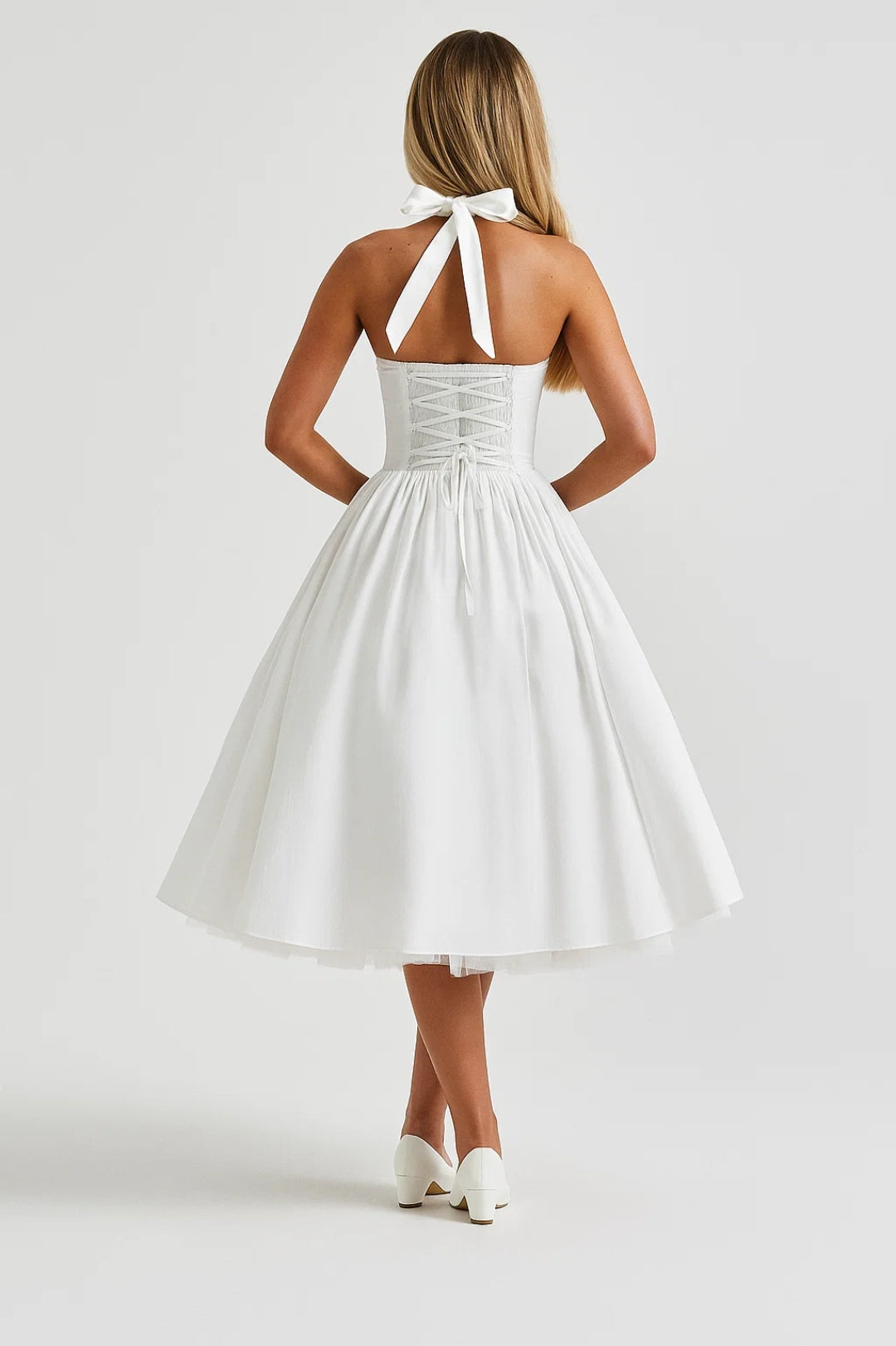 Cosette | Bow Tie Sweetheart Midi Halter Neck Dress