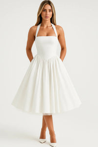 Marlowe | Women's Halter Midi Wedding Guest Dress – Strapless Flared Design