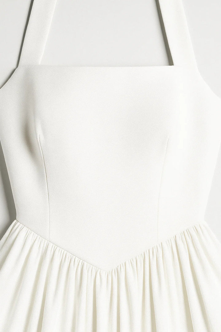 Marlowe | Women's Halter Midi Wedding Guest Dress – Strapless Flared Design