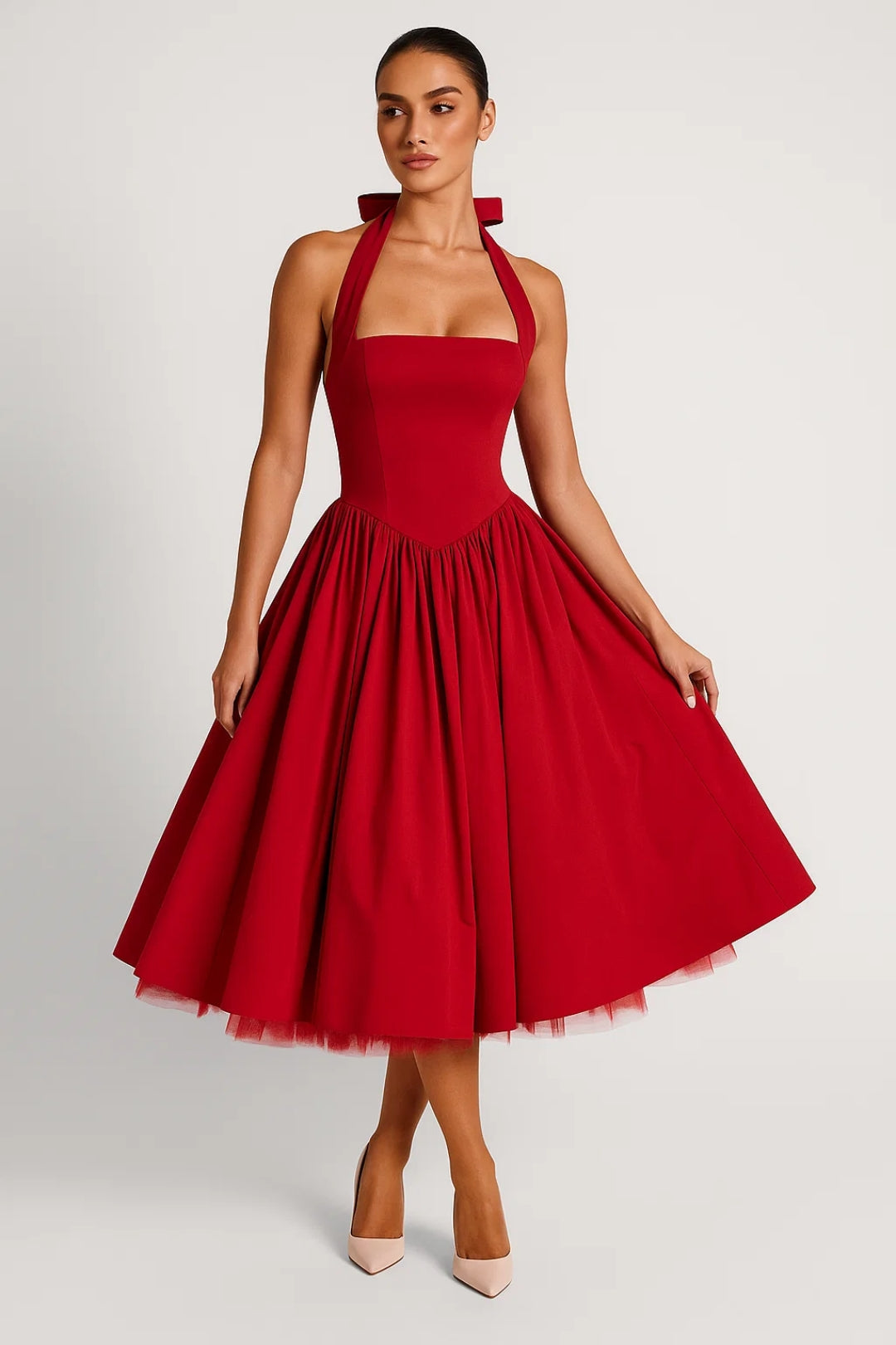 Marlowe | Women's Halter Midi Wedding Guest Dress – Strapless Flared Design