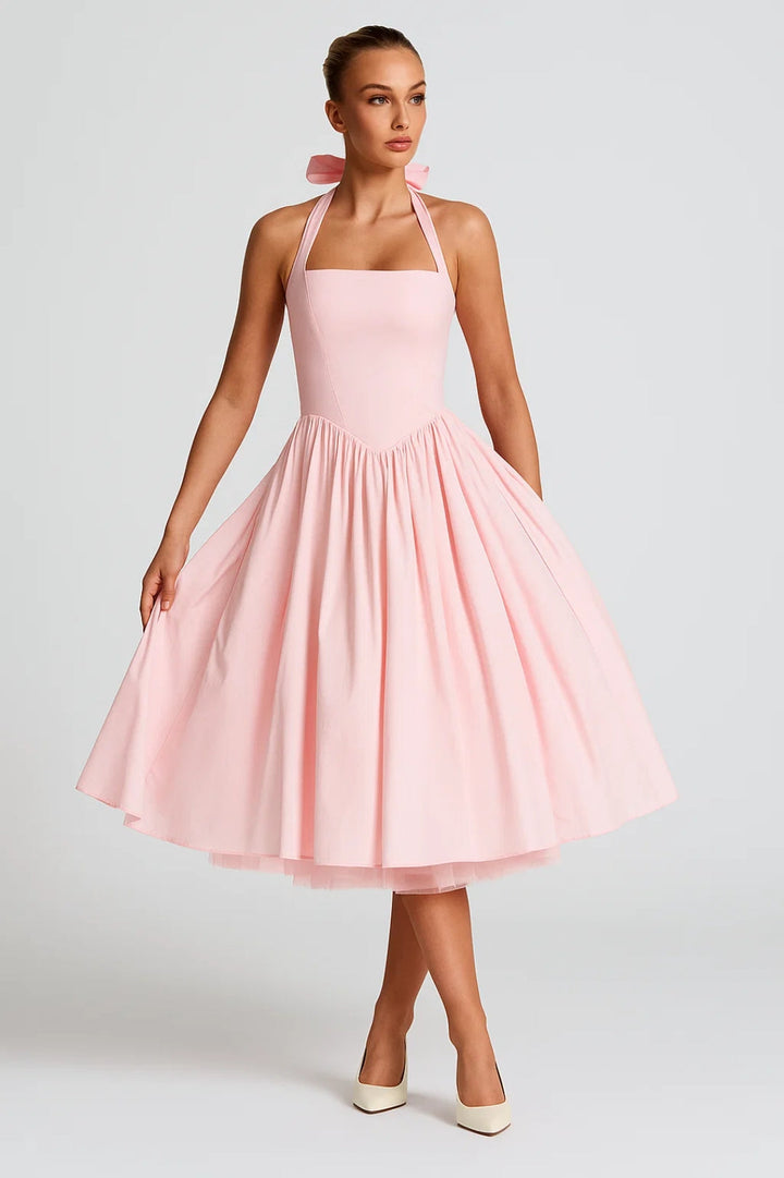 Marlowe | Women's Halter Midi Wedding Guest Dress – Strapless Flared Design