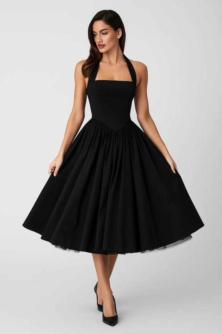 Marlowe | Women's Halter Midi Wedding Guest Dress – Strapless Flared Design