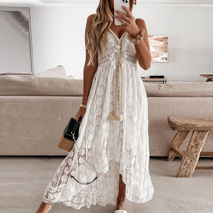 Bianca | Floral Lace Tassel Tie Spaghetti Strap Boho Dress with Split