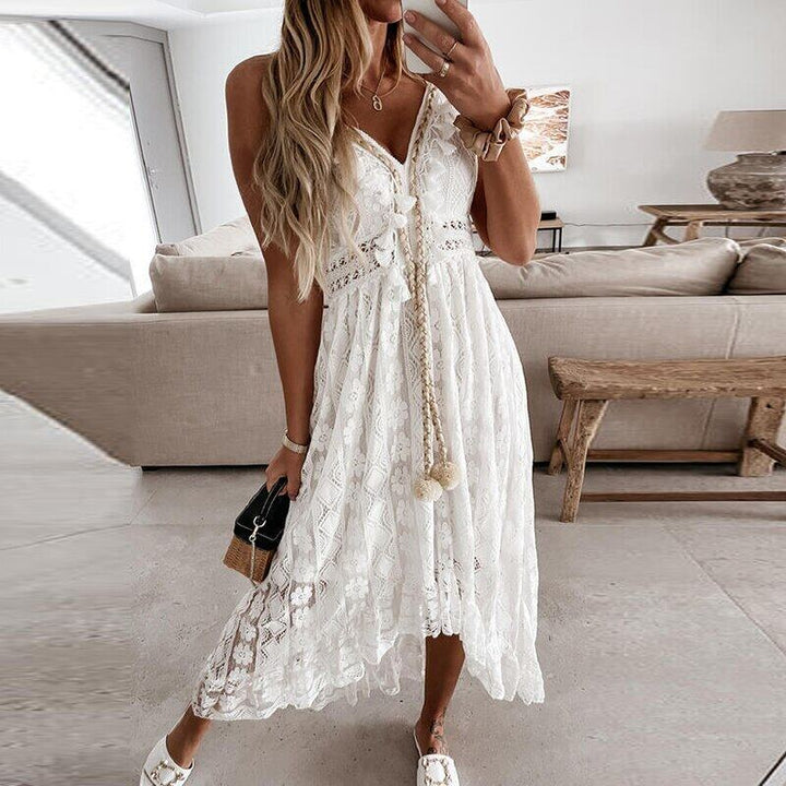 Bianca | Floral Lace Tassel Tie Spaghetti Strap Boho Dress with Split