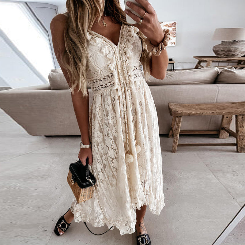 Bianca | Floral Lace Tassel Tie Spaghetti Strap Boho Dress with Split