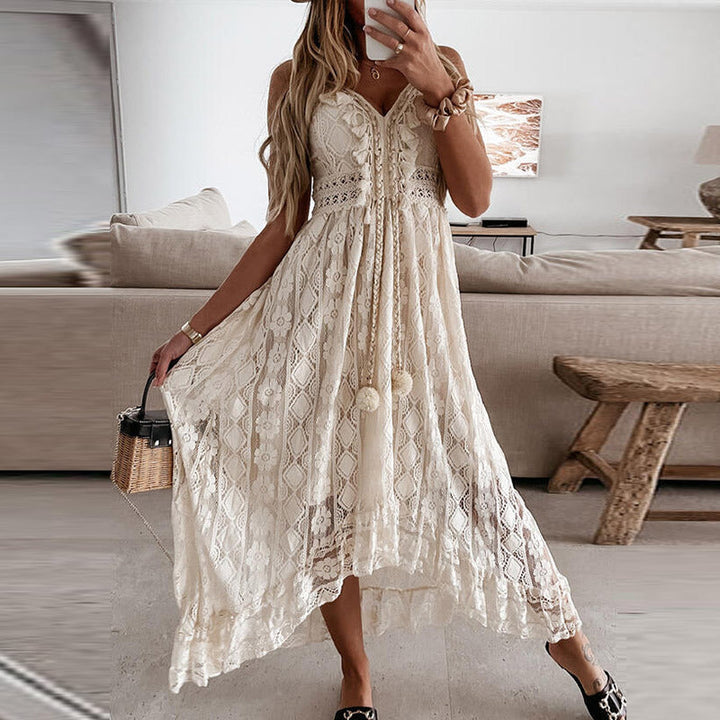 Bianca | Floral Lace Tassel Tie Spaghetti Strap Boho Dress with Split