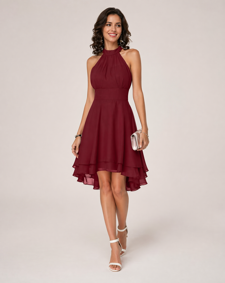Rosalind | Pleated High-Low Tiered Halter Neck Dress
