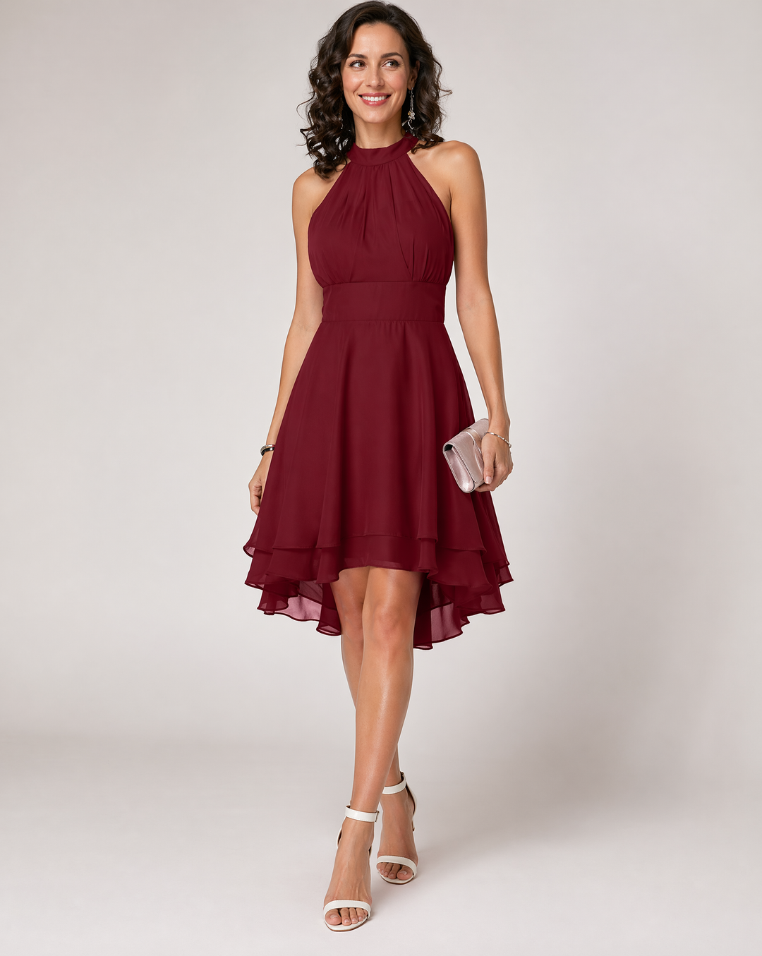 Rosalind | Pleated High-Low Tiered Halter Neck Dress