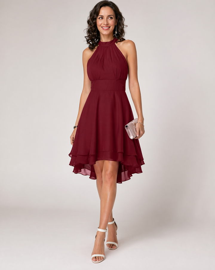 Rosalind | Pleated High-Low Tiered Halter Neck Dress
