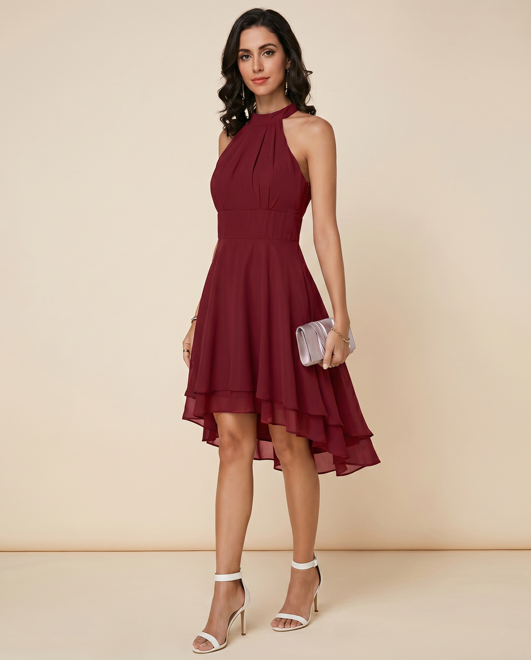 Rosalind | Pleated High-Low Tiered Halter Neck Dress