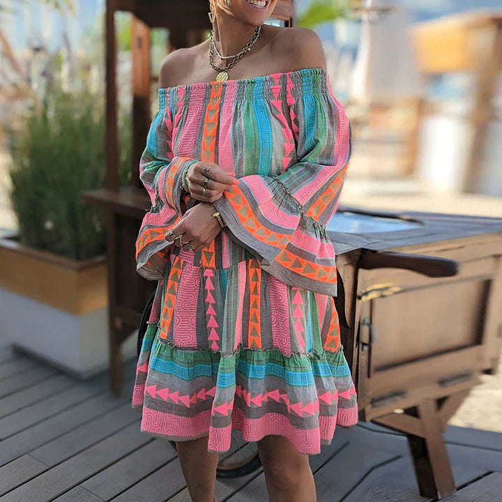 Zara | Aztec Print Flare Sleeve Off Shoulder Dress