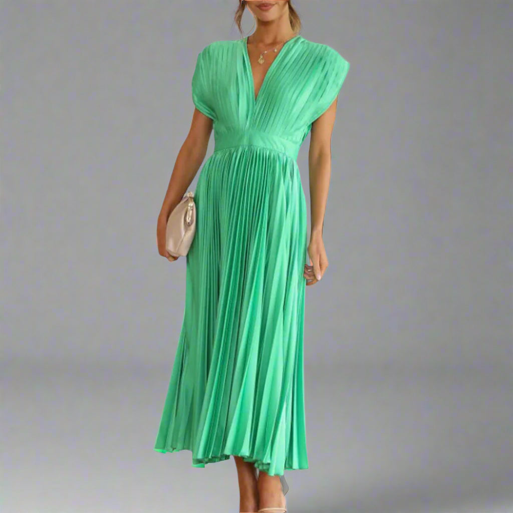 Vivienne | Deep V-Neck Womens Pleated Midi Dress with Padded Shoulders