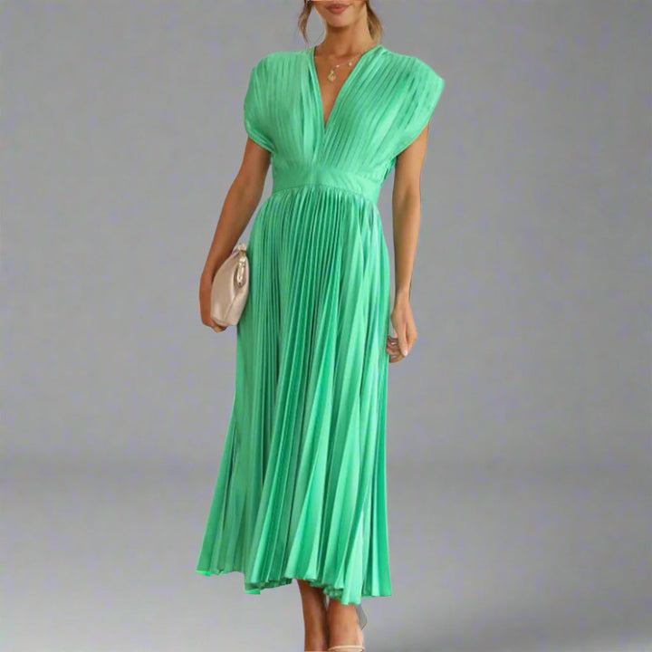 Vivienne | Deep V-Neck Womens Pleated Midi Dress with Padded Shoulders