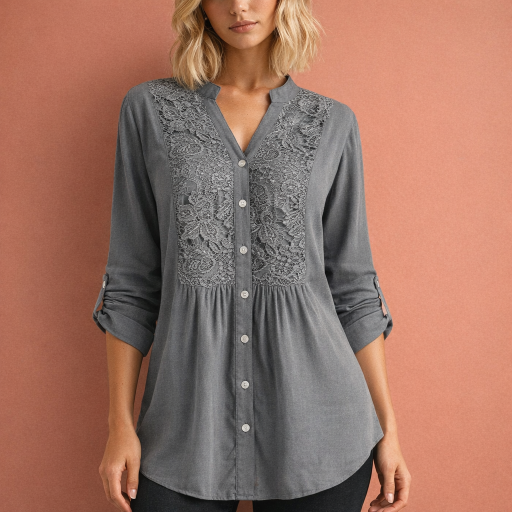 Celeste | Lace Bib Front Button-Up Tunic Blouse