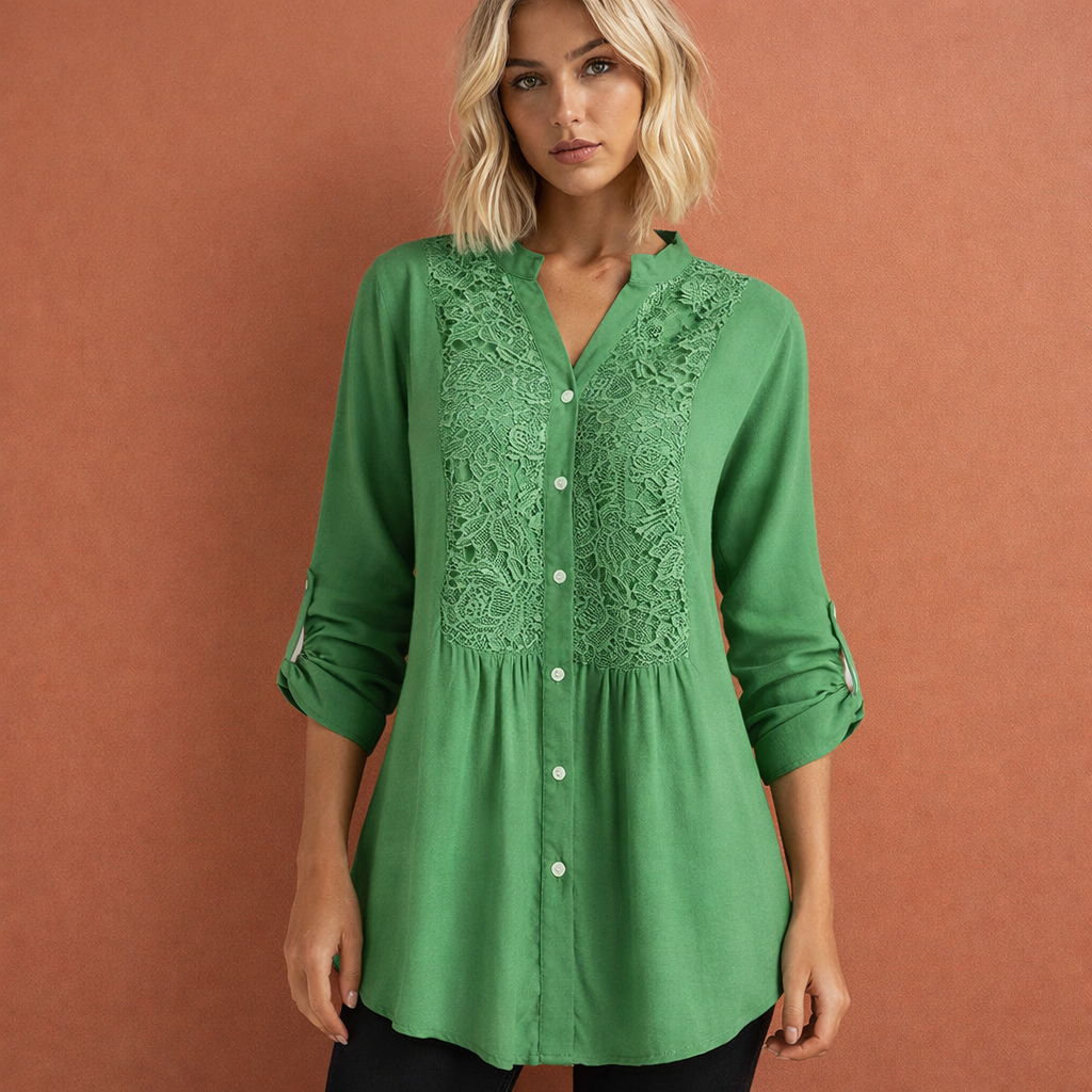 Celeste | Lace Bib Front Button-Up Tunic Blouse