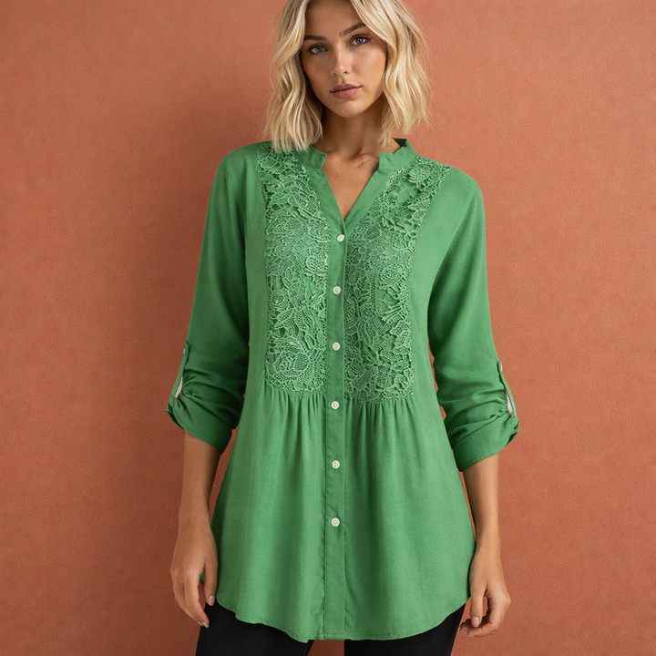 Celeste | Lace Bib Front Button-Up Tunic Blouse