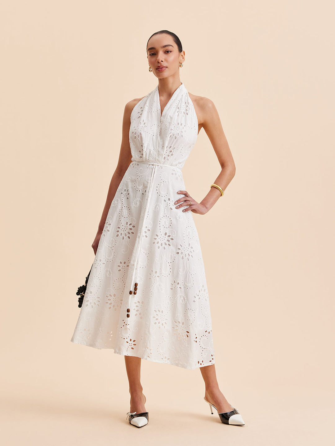 Camille | Broderie Anglaise Wrap Midi Halter Neck Dress