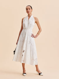 Camille | Broderie Anglaise Wrap Midi Halter Neck Dress