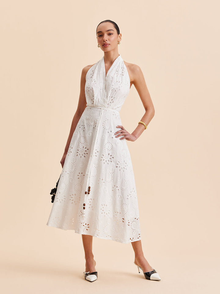Camille | Broderie Anglaise Wrap Midi Halter Neck Dress