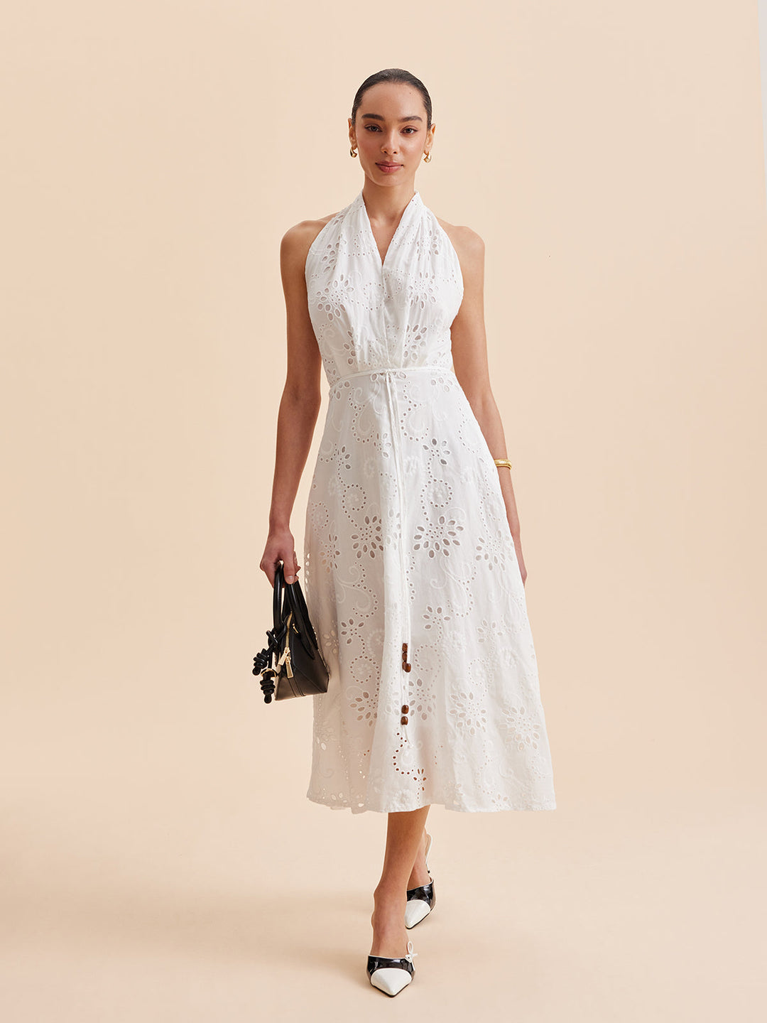 Camille | Broderie Anglaise Wrap Midi Halter Neck Dress