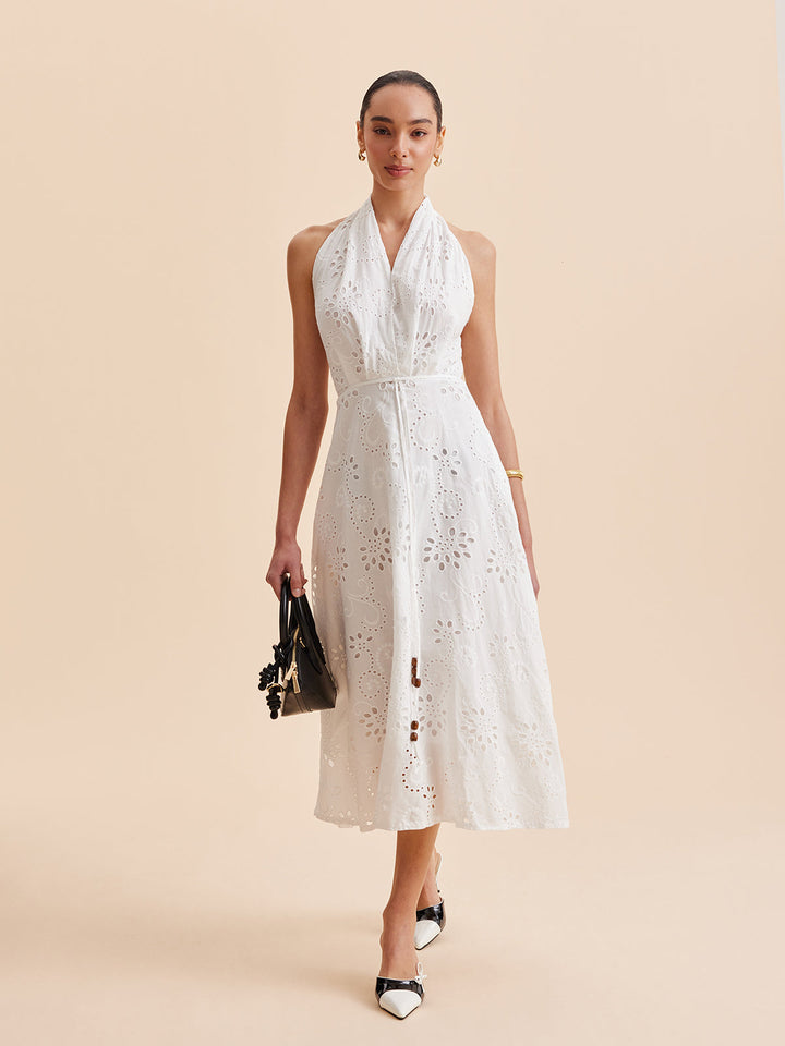 Camille | Broderie Anglaise Wrap Midi Halter Neck Dress