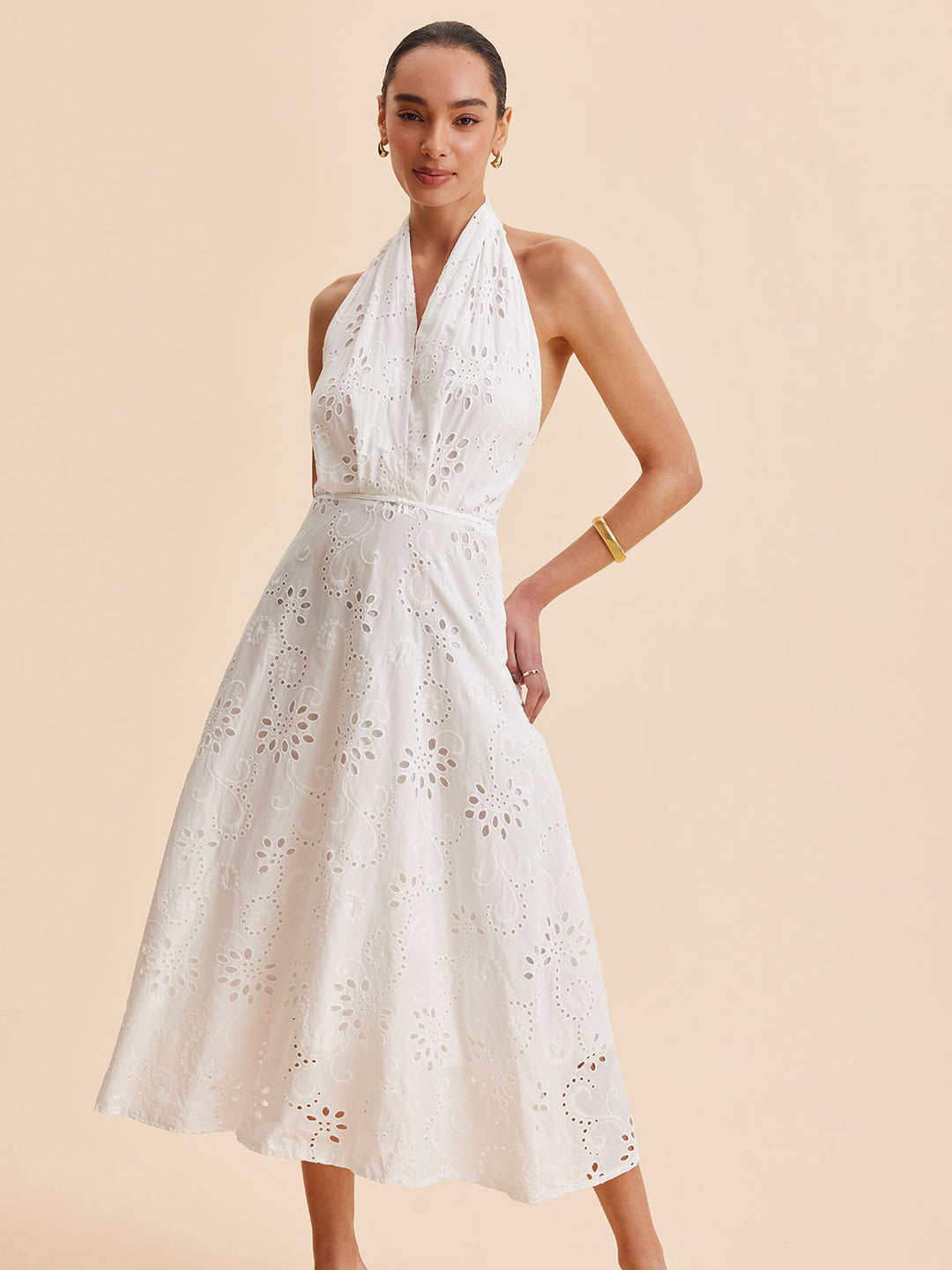 Camille | Broderie Anglaise Wrap Midi Halter Neck Dress