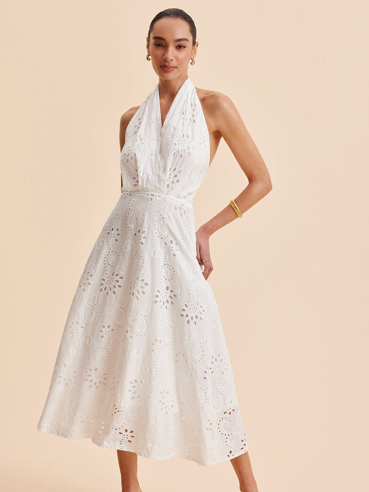 Camille | Broderie Anglaise Wrap Midi Halter Neck Dress