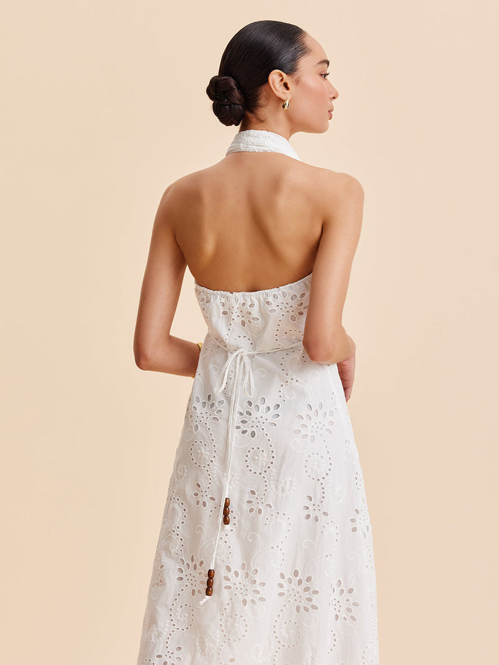 Camille | Broderie Anglaise Wrap Midi Halter Neck Dress