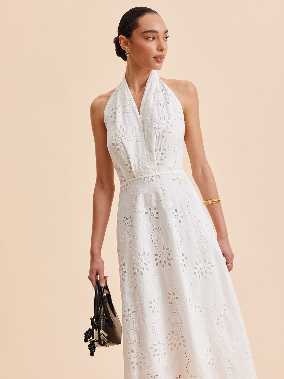 Camille | Broderie Anglaise Wrap Midi Halter Neck Dress
