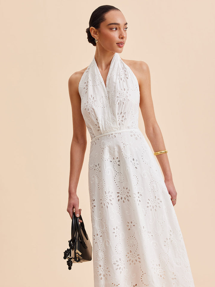 Camille | Broderie Anglaise Wrap Midi Halter Neck Dress