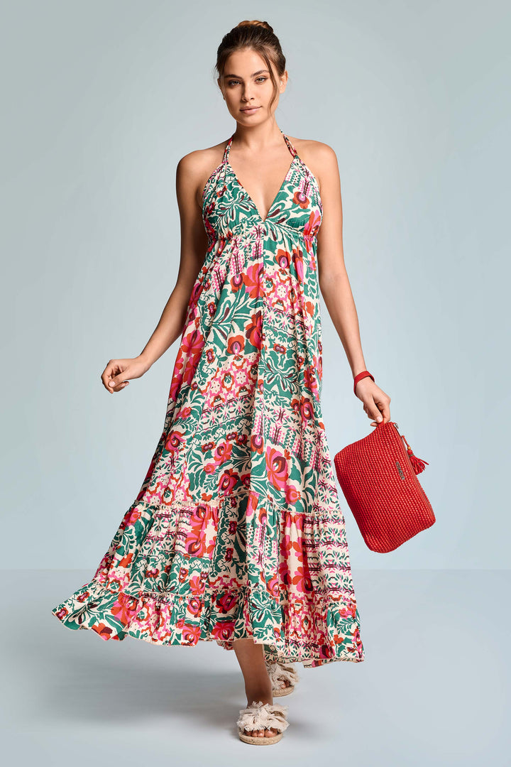 Majorelle | Floral Tile Print Deep V Halter Neck Tiered Boho Dress