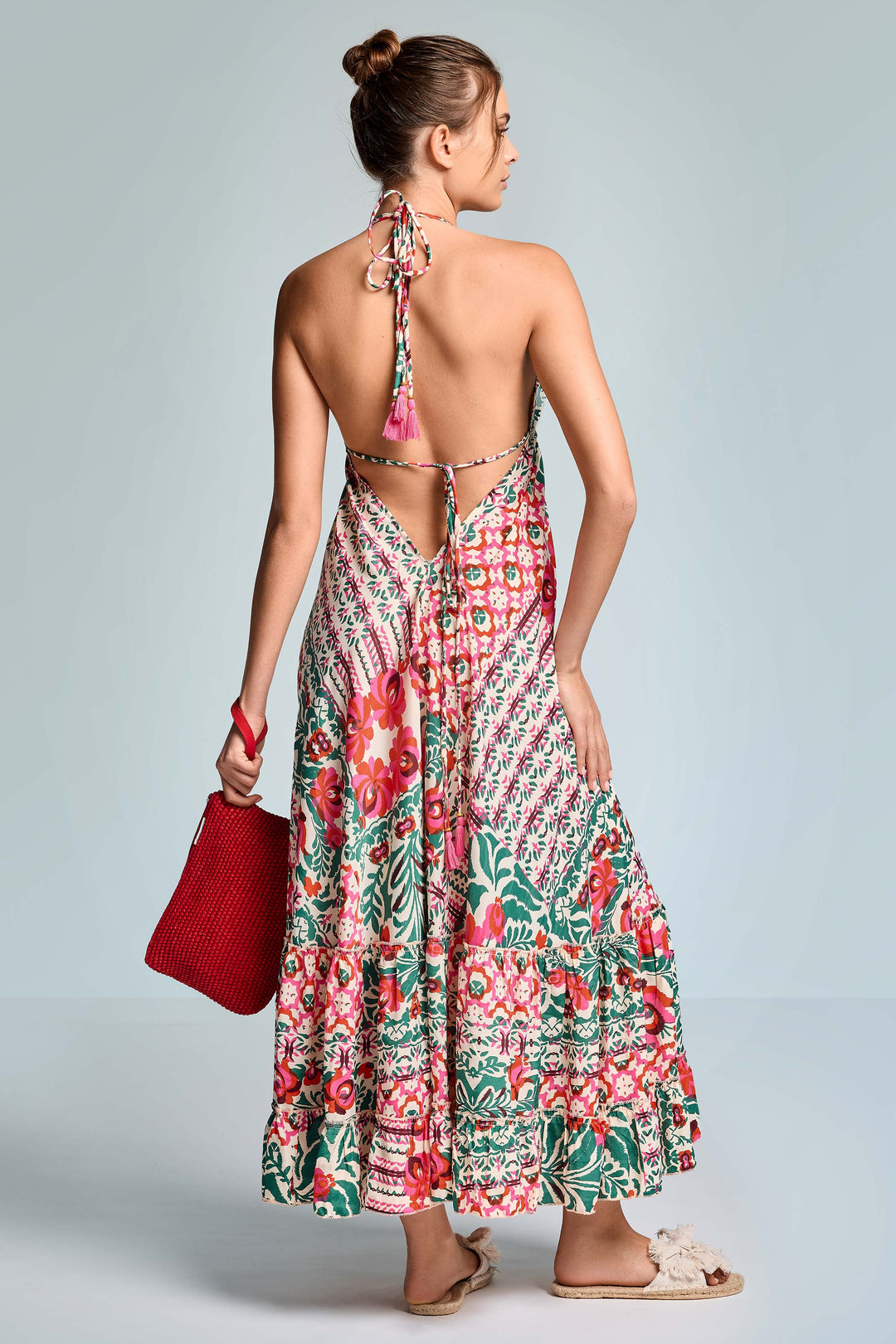 Majorelle | Floral Tile Print Deep V Halter Neck Tiered Boho Dress
