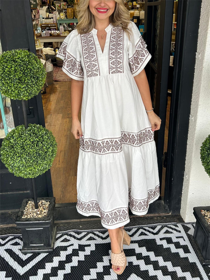 Zara | Geometric Embroidered Tiered Boho Dress with Flutter Sleeves
