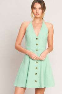 Pippa | Gold Button Front A-Line Halter Neck Dress